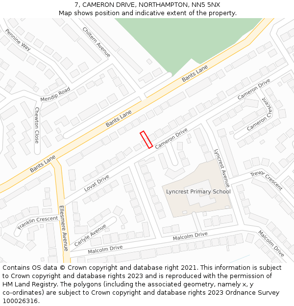 7, CAMERON DRIVE, NORTHAMPTON, NN5 5NX: Location map and indicative extent of plot