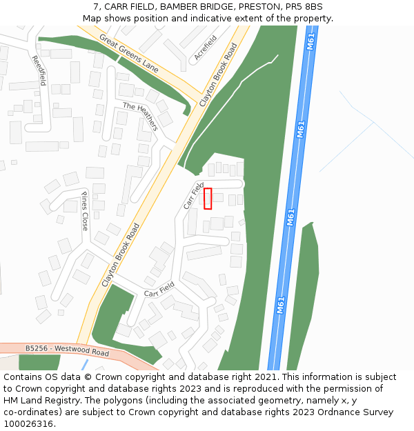 7, CARR FIELD, BAMBER BRIDGE, PRESTON, PR5 8BS: Location map and indicative extent of plot