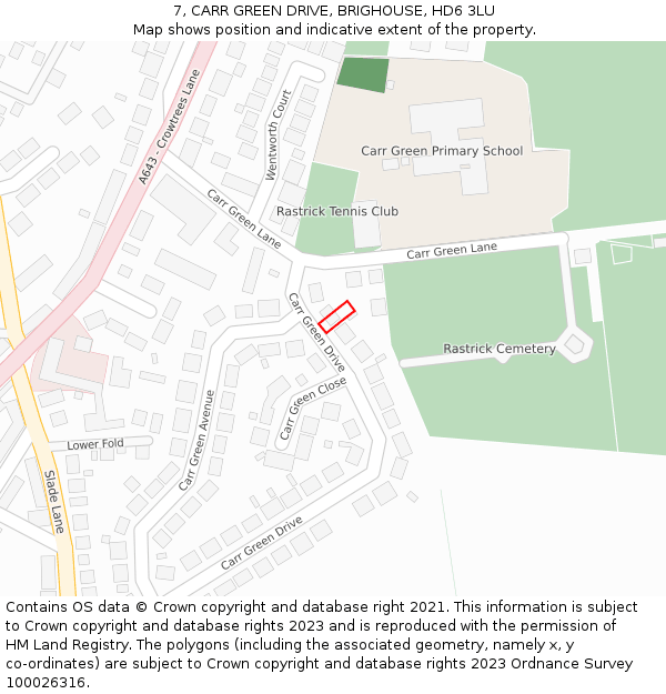 7, CARR GREEN DRIVE, BRIGHOUSE, HD6 3LU: Location map and indicative extent of plot