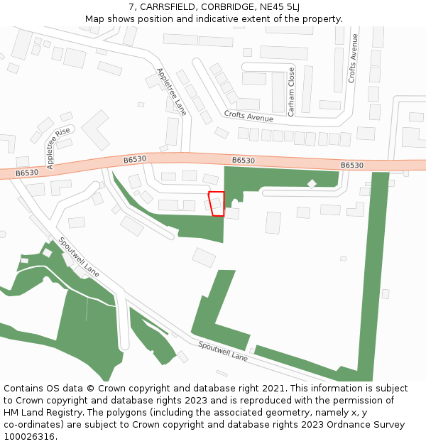 7, CARRSFIELD, CORBRIDGE, NE45 5LJ: Location map and indicative extent of plot
