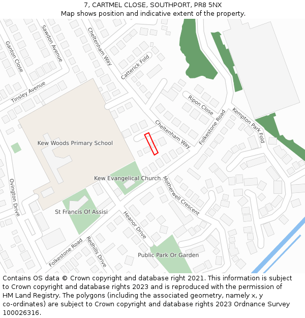 7, CARTMEL CLOSE, SOUTHPORT, PR8 5NX: Location map and indicative extent of plot