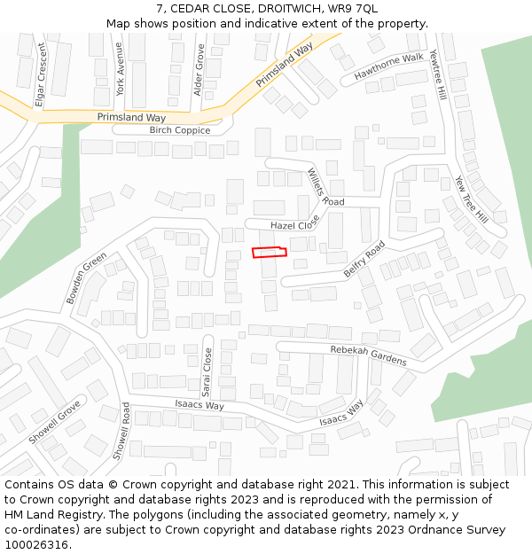 7, CEDAR CLOSE, DROITWICH, WR9 7QL: Location map and indicative extent of plot