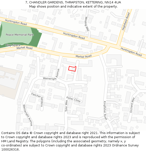 7, CHANDLER GARDENS, THRAPSTON, KETTERING, NN14 4UA: Location map and indicative extent of plot
