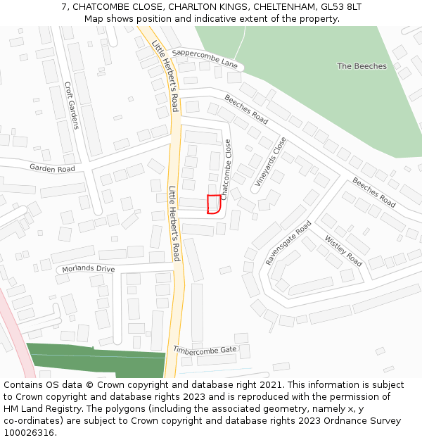 7, CHATCOMBE CLOSE, CHARLTON KINGS, CHELTENHAM, GL53 8LT: Location map and indicative extent of plot