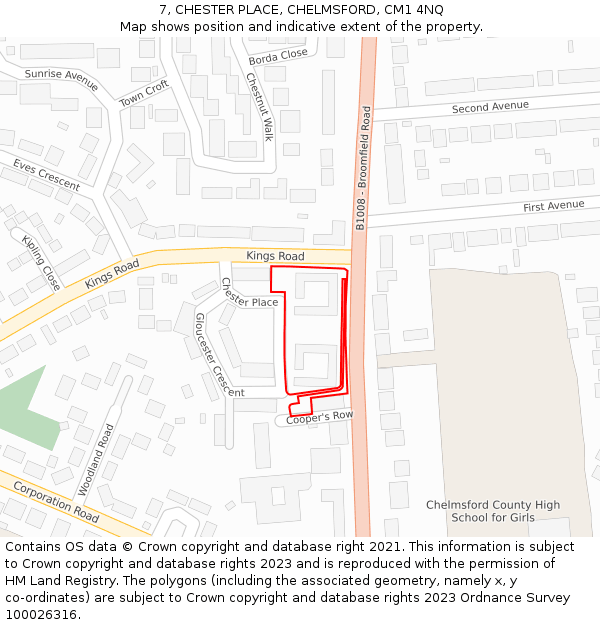 7, CHESTER PLACE, CHELMSFORD, CM1 4NQ: Location map and indicative extent of plot