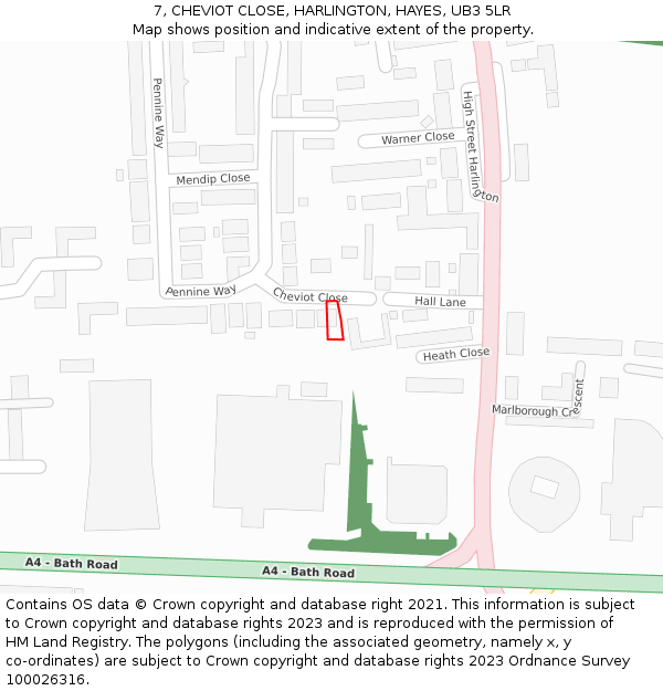 7, CHEVIOT CLOSE, HARLINGTON, HAYES, UB3 5LR: Location map and indicative extent of plot