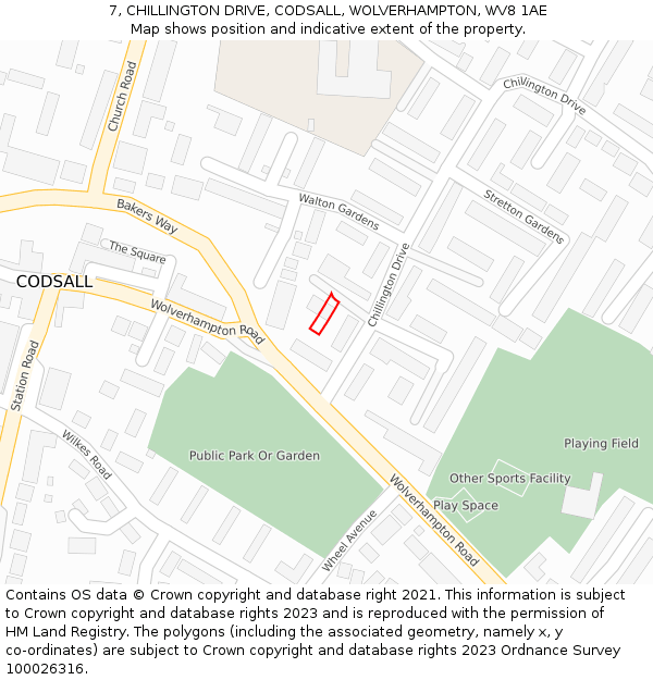 7, CHILLINGTON DRIVE, CODSALL, WOLVERHAMPTON, WV8 1AE: Location map and indicative extent of plot