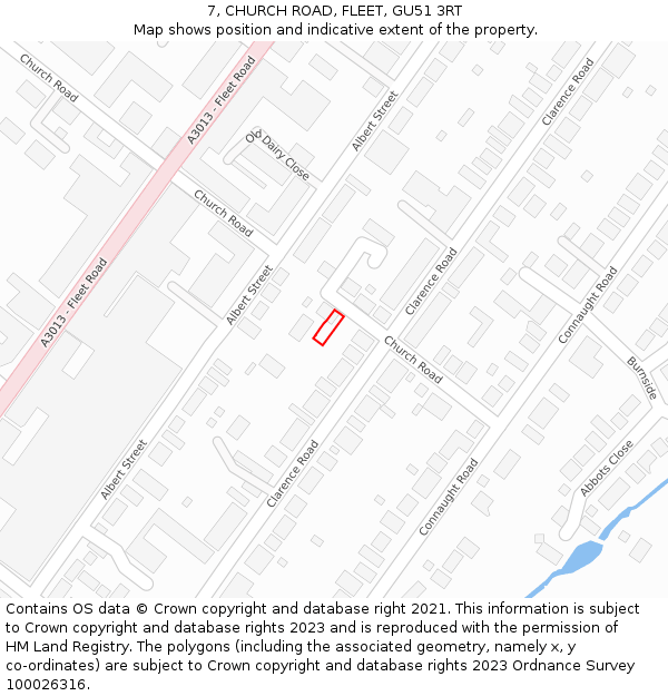 7, CHURCH ROAD, FLEET, GU51 3RT: Location map and indicative extent of plot