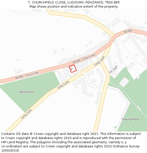 7, CHURCHFIELD CLOSE, LUDGVAN, PENZANCE, TR20 8ER: Location map and indicative extent of plot