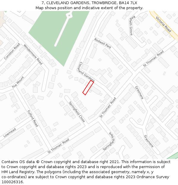 7, CLEVELAND GARDENS, TROWBRIDGE, BA14 7LX: Location map and indicative extent of plot