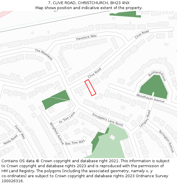 7, CLIVE ROAD, CHRISTCHURCH, BH23 4NX: Location map and indicative extent of plot