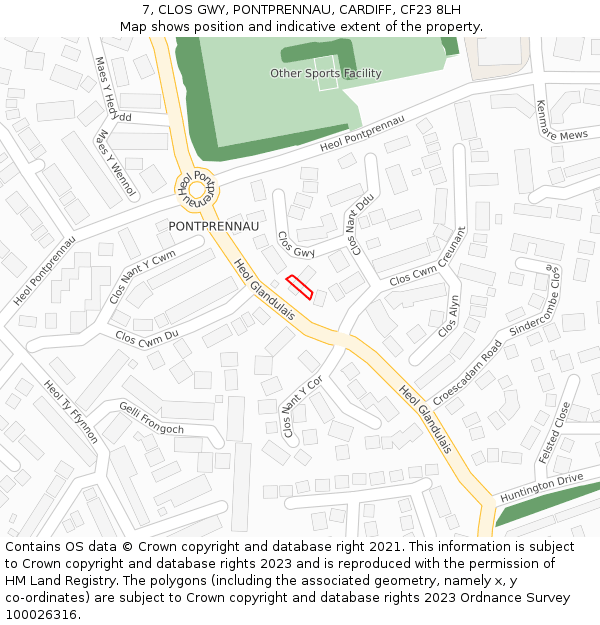 7, CLOS GWY, PONTPRENNAU, CARDIFF, CF23 8LH: Location map and indicative extent of plot
