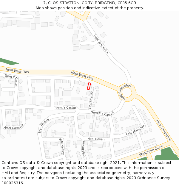 7, CLOS STRATTON, COITY, BRIDGEND, CF35 6GR: Location map and indicative extent of plot