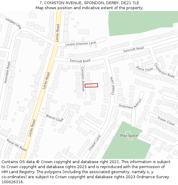 7, CONISTON AVENUE, SPONDON, DERBY, DE21 7LE: Location map and indicative extent of plot