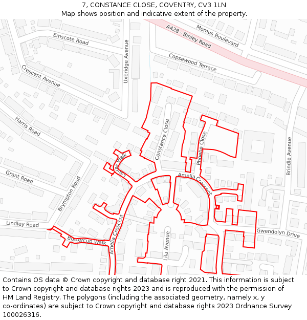 7, CONSTANCE CLOSE, COVENTRY, CV3 1LN: Location map and indicative extent of plot