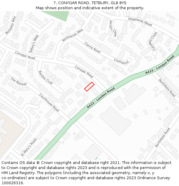 7, CONYGAR ROAD, TETBURY, GL8 8YS: Location map and indicative extent of plot
