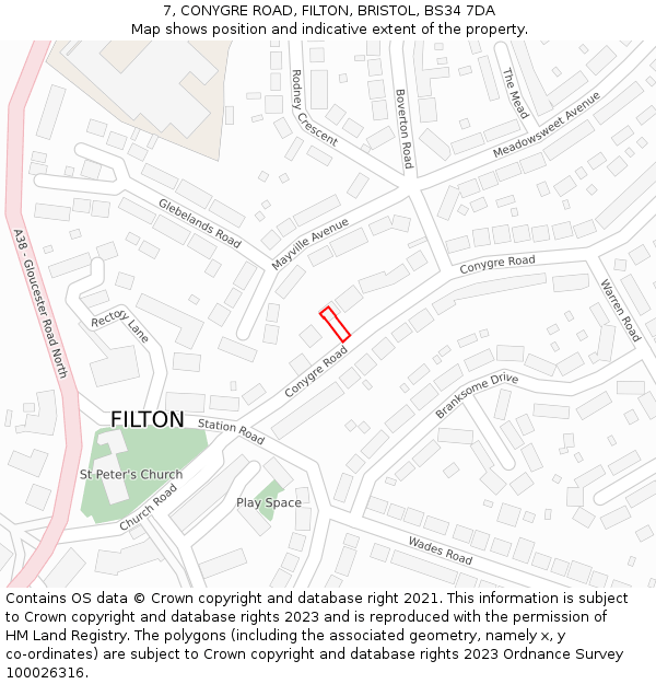 7, CONYGRE ROAD, FILTON, BRISTOL, BS34 7DA: Location map and indicative extent of plot