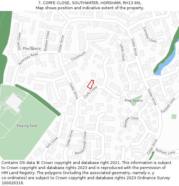 7, CORFE CLOSE, SOUTHWATER, HORSHAM, RH13 9XL: Location map and indicative extent of plot