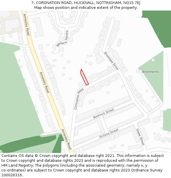 7, CORONATION ROAD, HUCKNALL, NOTTINGHAM, NG15 7EJ: Location map and indicative extent of plot