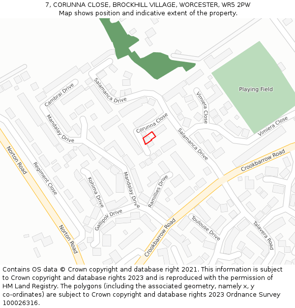 7, CORUNNA CLOSE, BROCKHILL VILLAGE, WORCESTER, WR5 2PW: Location map and indicative extent of plot