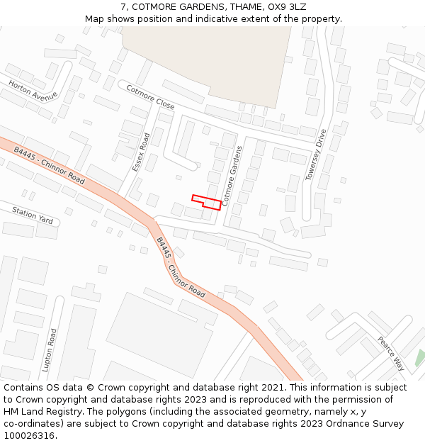 7, COTMORE GARDENS, THAME, OX9 3LZ: Location map and indicative extent of plot