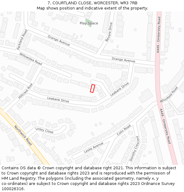 7, COURTLAND CLOSE, WORCESTER, WR3 7RB: Location map and indicative extent of plot