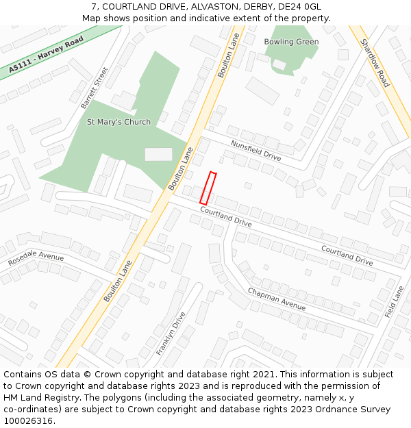 7, COURTLAND DRIVE, ALVASTON, DERBY, DE24 0GL: Location map and indicative extent of plot
