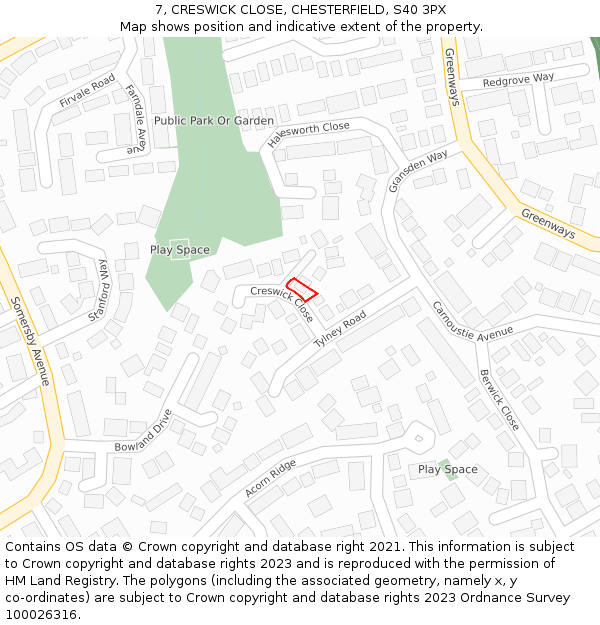 7, CRESWICK CLOSE, CHESTERFIELD, S40 3PX: Location map and indicative extent of plot
