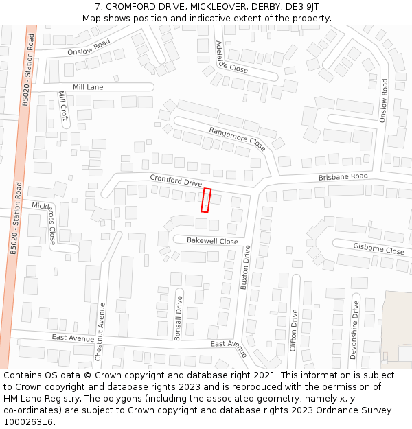 7, CROMFORD DRIVE, MICKLEOVER, DERBY, DE3 9JT: Location map and indicative extent of plot