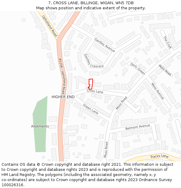 7, CROSS LANE, BILLINGE, WIGAN, WN5 7DB: Location map and indicative extent of plot