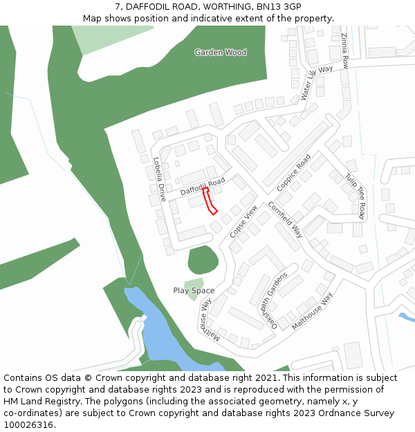 7, DAFFODIL ROAD, WORTHING, BN13 3GP: Location map and indicative extent of plot