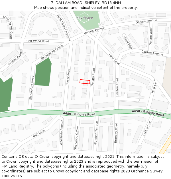 7, DALLAM ROAD, SHIPLEY, BD18 4NH: Location map and indicative extent of plot