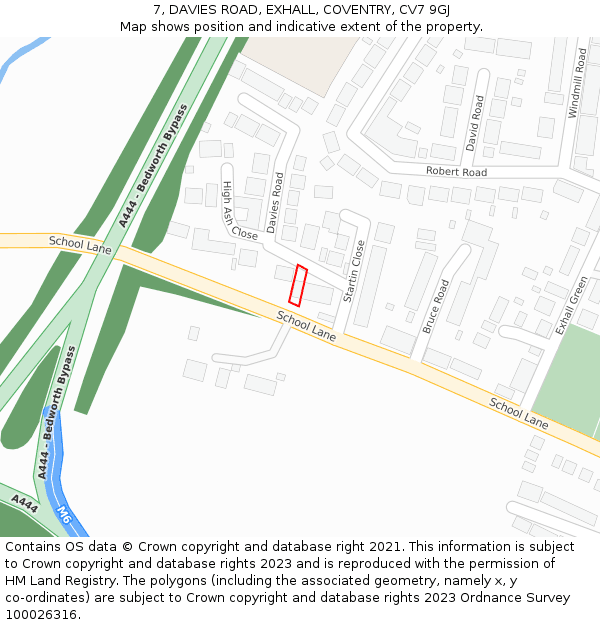 7, DAVIES ROAD, EXHALL, COVENTRY, CV7 9GJ: Location map and indicative extent of plot