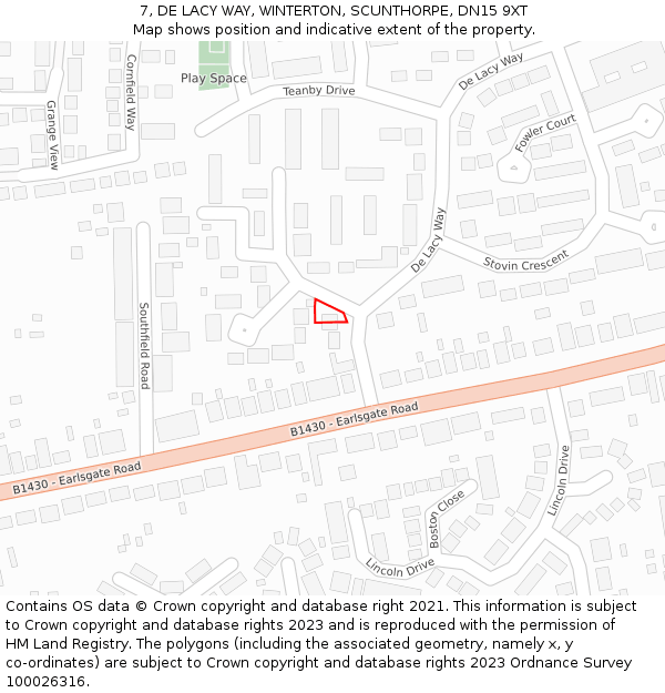 7, DE LACY WAY, WINTERTON, SCUNTHORPE, DN15 9XT: Location map and indicative extent of plot