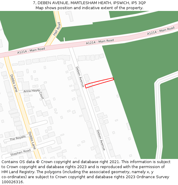 7, DEBEN AVENUE, MARTLESHAM HEATH, IPSWICH, IP5 3QP: Location map and indicative extent of plot