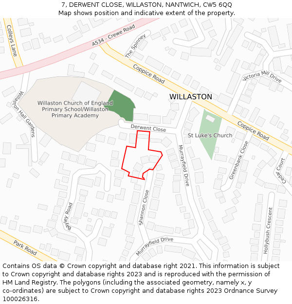 7, DERWENT CLOSE, WILLASTON, NANTWICH, CW5 6QQ: Location map and indicative extent of plot