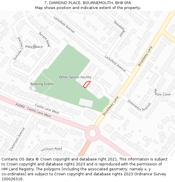 7, DIAMOND PLACE, BOURNEMOUTH, BH8 0FA: Location map and indicative extent of plot