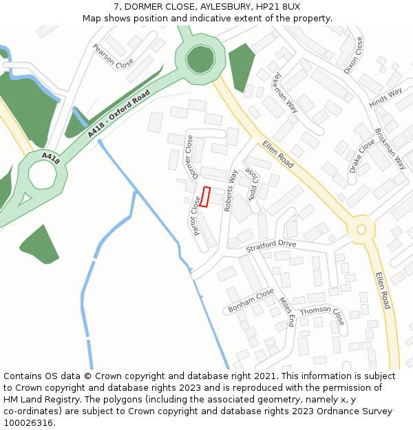 7, DORMER CLOSE, AYLESBURY, HP21 8UX: Location map and indicative extent of plot
