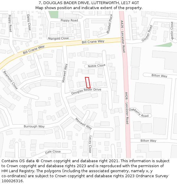7, DOUGLAS BADER DRIVE, LUTTERWORTH, LE17 4GT: Location map and indicative extent of plot