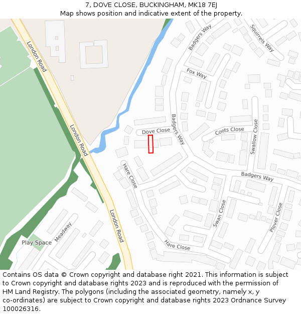 7, DOVE CLOSE, BUCKINGHAM, MK18 7EJ: Location map and indicative extent of plot