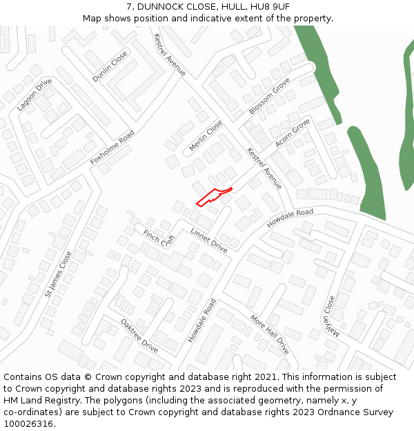7, DUNNOCK CLOSE, HULL, HU8 9UF: Location map and indicative extent of plot