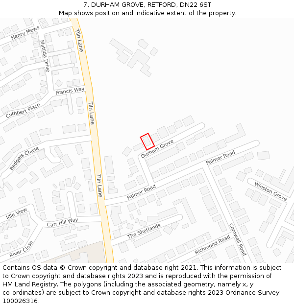 7, DURHAM GROVE, RETFORD, DN22 6ST: Location map and indicative extent of plot