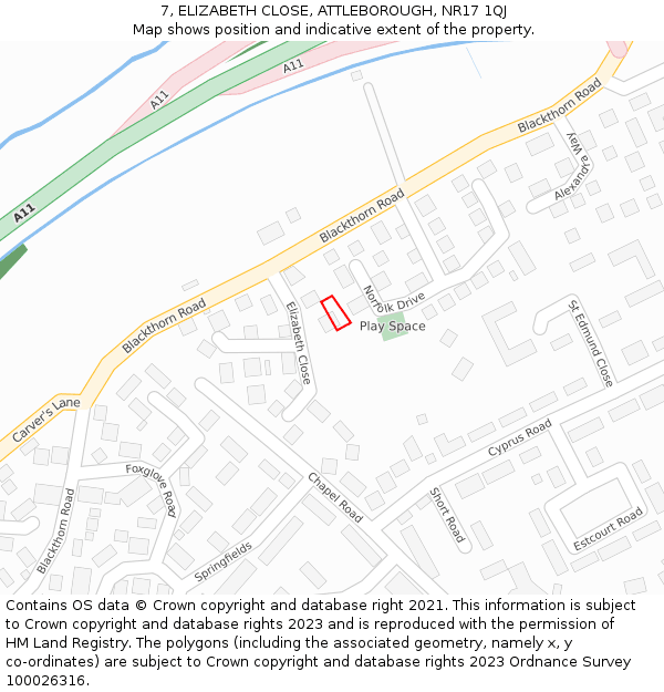 7, ELIZABETH CLOSE, ATTLEBOROUGH, NR17 1QJ: Location map and indicative extent of plot