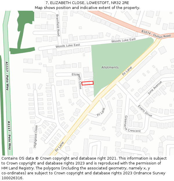 7, ELIZABETH CLOSE, LOWESTOFT, NR32 2RE: Location map and indicative extent of plot