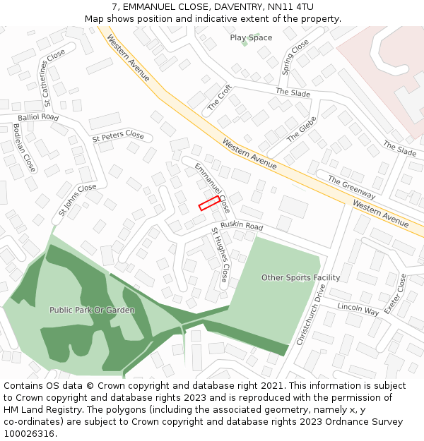 7, EMMANUEL CLOSE, DAVENTRY, NN11 4TU: Location map and indicative extent of plot