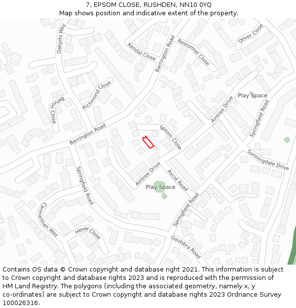 7, EPSOM CLOSE, RUSHDEN, NN10 0YQ: Location map and indicative extent of plot
