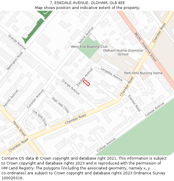 7, ESKDALE AVENUE, OLDHAM, OL8 4EE: Location map and indicative extent of plot