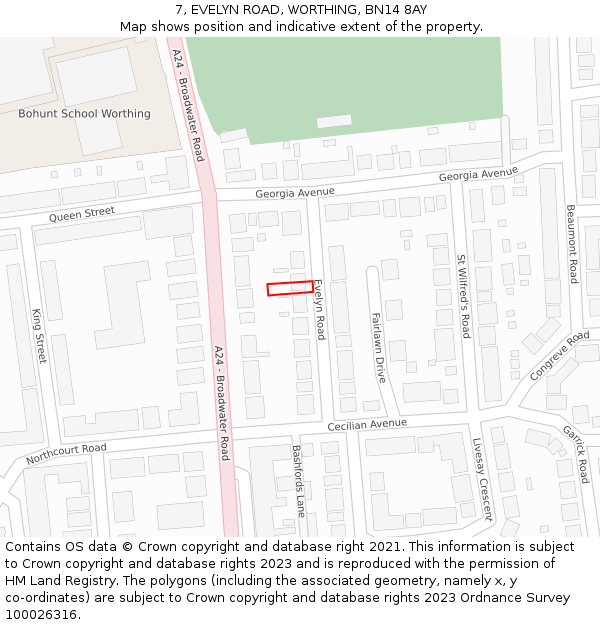 7, EVELYN ROAD, WORTHING, BN14 8AY: Location map and indicative extent of plot