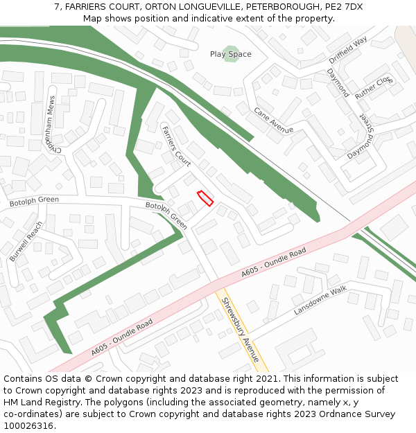 7, FARRIERS COURT, ORTON LONGUEVILLE, PETERBOROUGH, PE2 7DX: Location map and indicative extent of plot