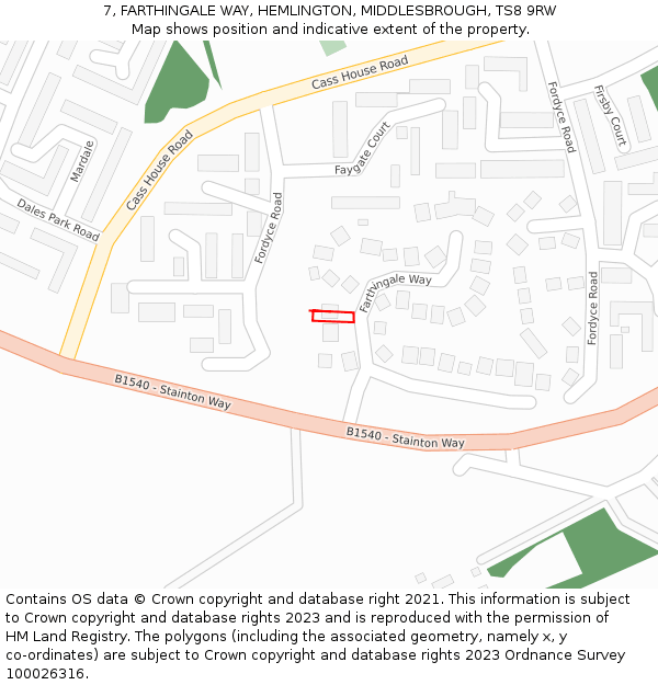 7, FARTHINGALE WAY, HEMLINGTON, MIDDLESBROUGH, TS8 9RW: Location map and indicative extent of plot